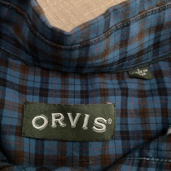 Orvis Button Up Shirt Mens Large Blue Green Flannel Outdoor Pocket Long Sleeve - Picture 5 of 8